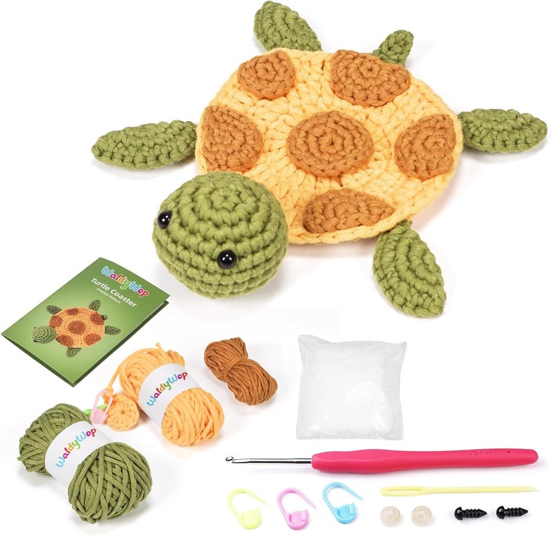 WaldyWop Crochet Kit for Beginners – Easy to Follow Tutorials, Ergonomic Hook & Tangle-Free Yarn, Complete DIY Craft Set for Teen Girls (13+) & Women, Stress Relief & Home Decor (Turtle Coaster) - Image 1